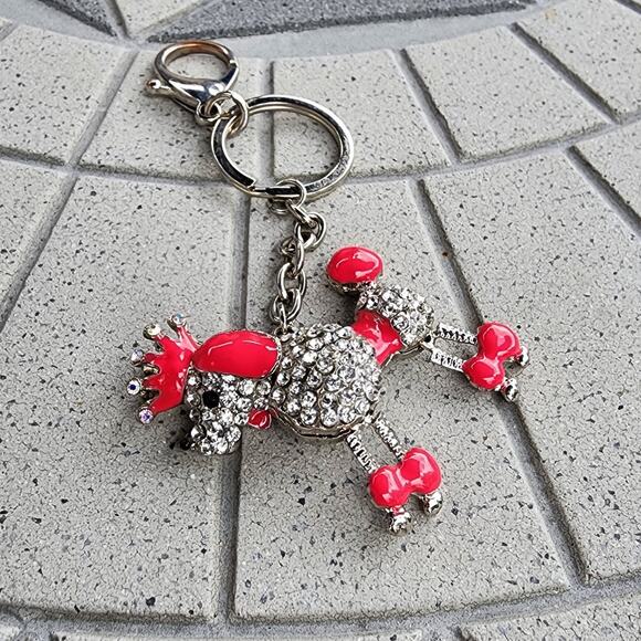 Silver Tone Crown Rhinestone Studded Poodle Princess Keychain Bag Charm - Picture 3 of 7